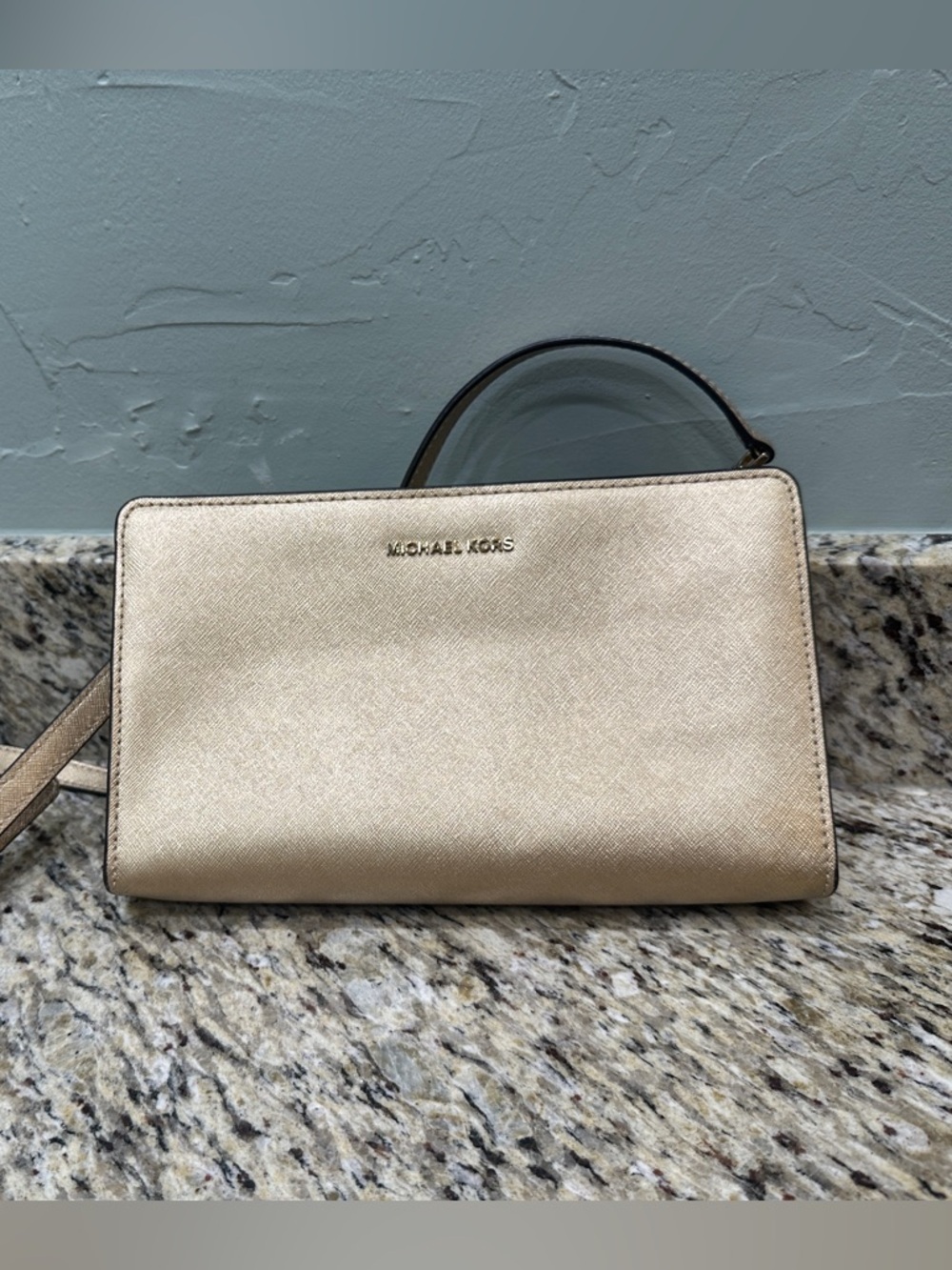 Michael Kors Metallic Gold Saffiano Leather Triple Gusset Crossbody Bag